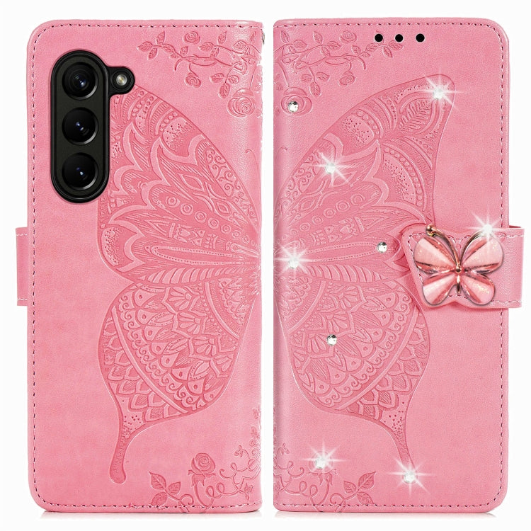 For  Samsung Galaxy Z Fold5  5G Rhinestones Butterfly Love Flower Embossed Leather Phone Case