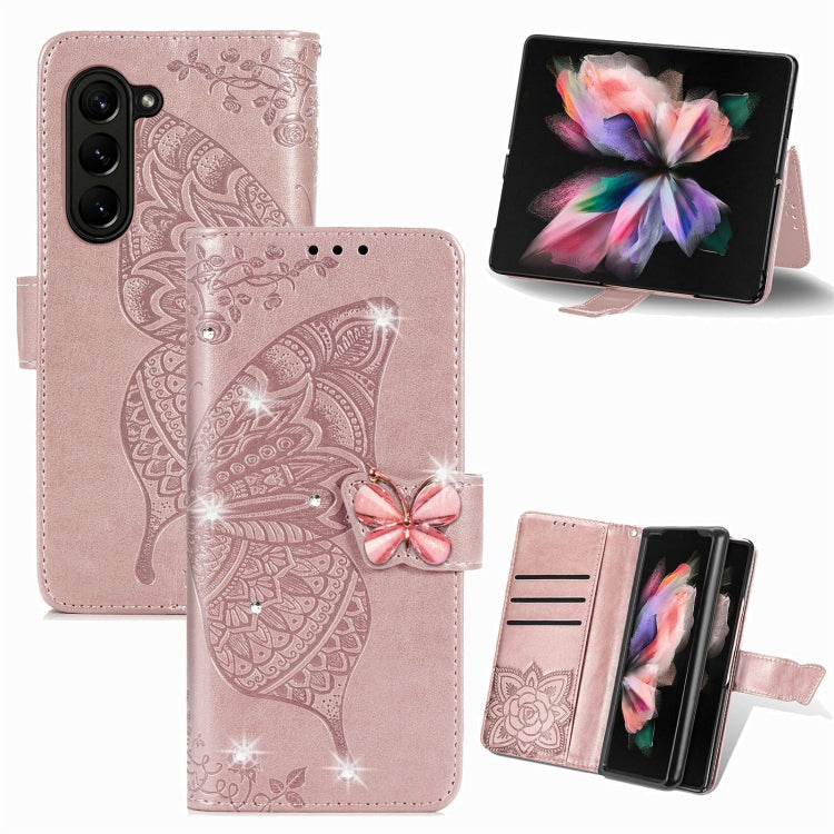 For  Samsung Galaxy Z Fold5  5G Rhinestones Butterfly Love Flower Embossed Leather Phone Case