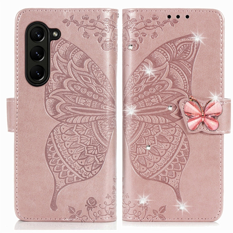 For  Samsung Galaxy Z Fold5  5G Rhinestones Butterfly Love Flower Embossed Leather Phone Case