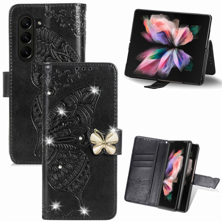 For  Samsung Galaxy Z Fold5  5G Rhinestones Butterfly Love Flower Embossed Leather Phone Case