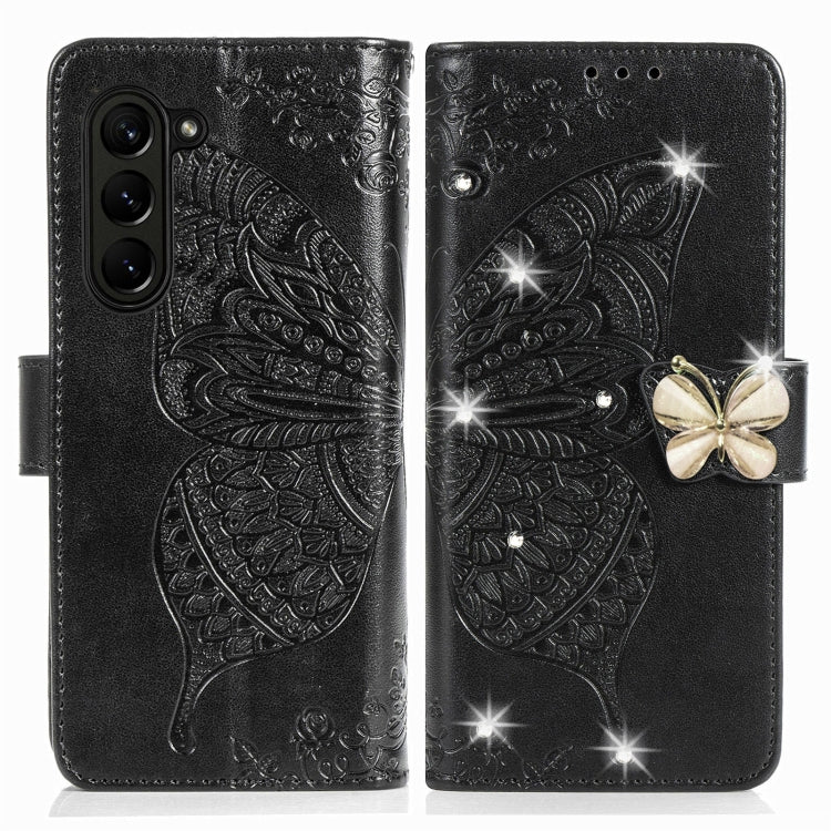 For  Samsung Galaxy Z Fold5  5G Rhinestones Butterfly Love Flower Embossed Leather Phone Case