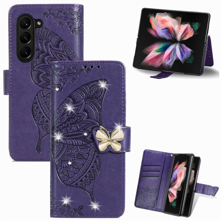 For  Samsung Galaxy Z Fold5  5G Rhinestones Butterfly Love Flower Embossed Leather Phone Case