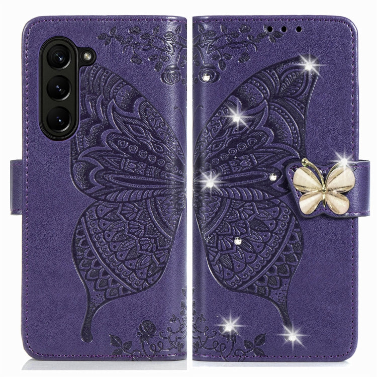 For  Samsung Galaxy Z Fold5  5G Rhinestones Butterfly Love Flower Embossed Leather Phone Case