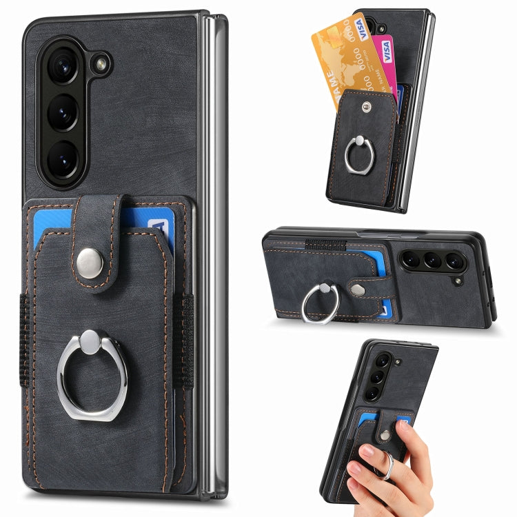 For  Samsung Galaxy Z Fold5 5G Retro Skin-feel Ring Multi-card Wallet Phone Case