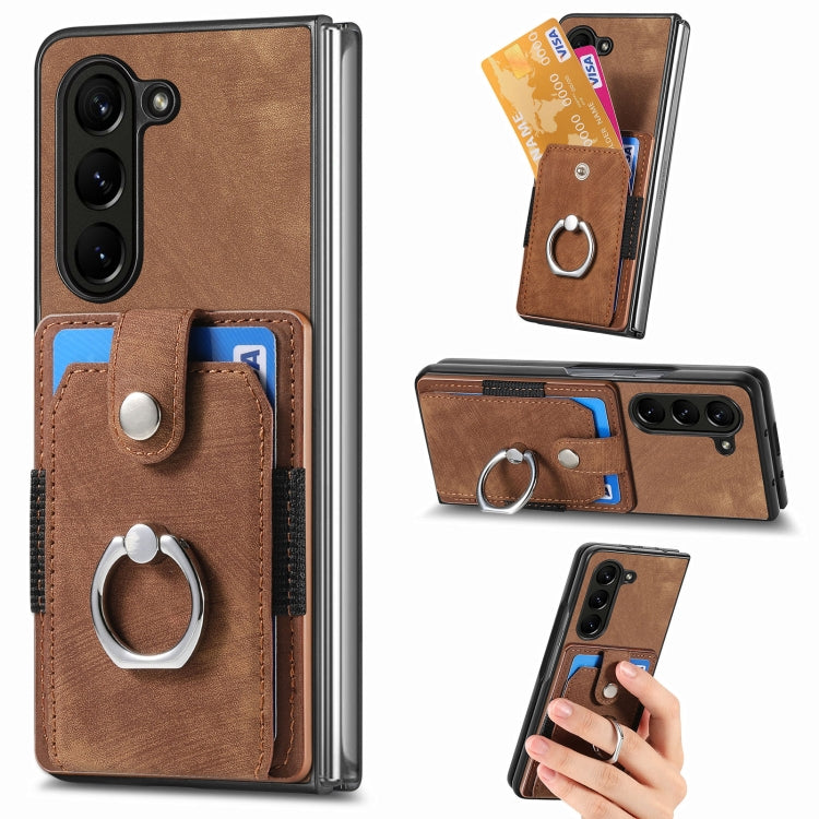 For  Samsung Galaxy Z Fold5 5G Retro Skin-feel Ring Multi-card Wallet Phone Case