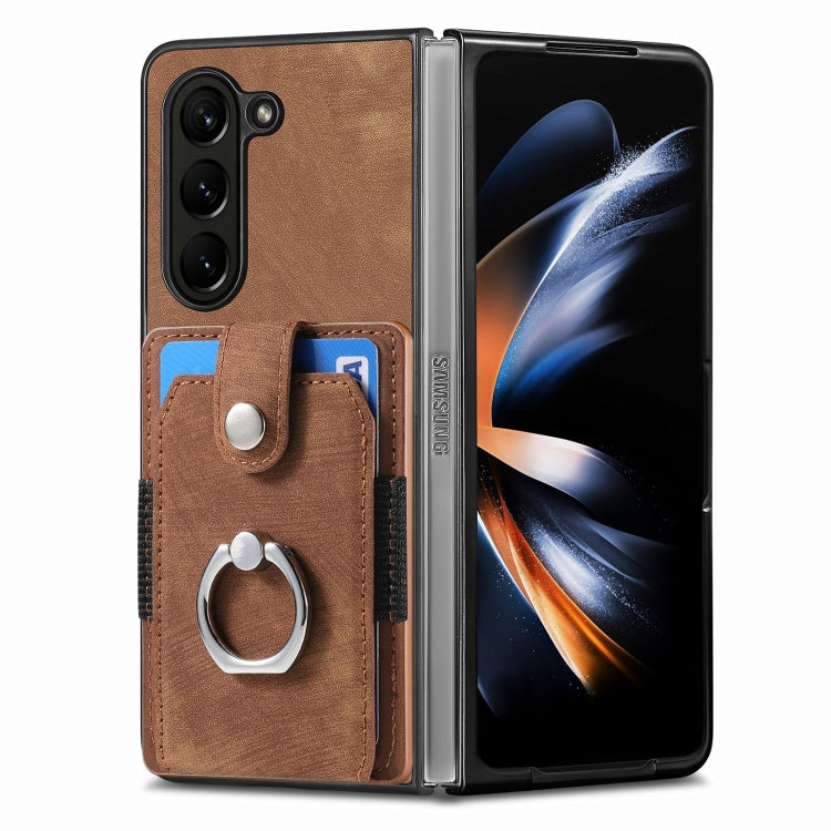 For  Samsung Galaxy Z Fold5 5G Retro Skin-feel Ring Multi-card Wallet Phone Case