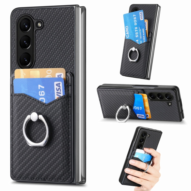 For Samsung Galaxy Z Fold5 5G Carbon Fiber Card Wallet Ring Holder Phone Case