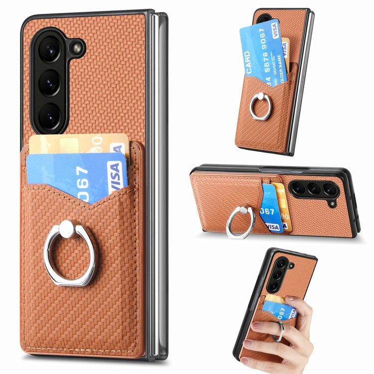 For Samsung Galaxy Z Fold5 5G Carbon Fiber Card Wallet Ring Holder Phone Case