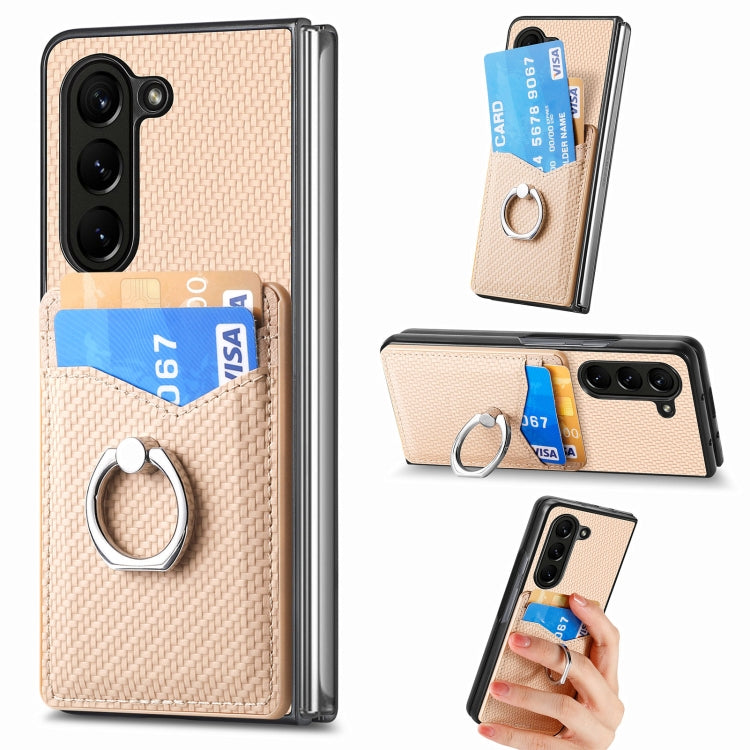 For Samsung Galaxy Z Fold5 5G Carbon Fiber Card Wallet Ring Holder Phone Case