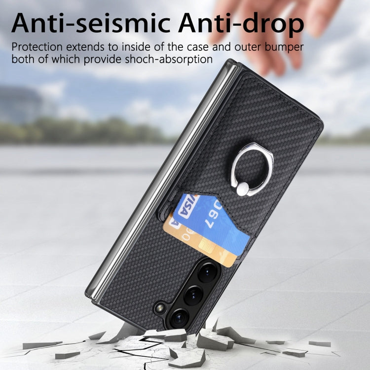 For Samsung Galaxy Z Fold6 5G Carbon Fiber Card Wallet Ring Holder Phone Case