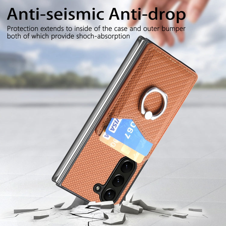 For Samsung Galaxy Z Fold6 5G Carbon Fiber Card Wallet Ring Holder Phone Case