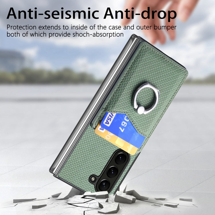 For Samsung Galaxy Z Fold6 5G Carbon Fiber Card Wallet Ring Holder Phone Case