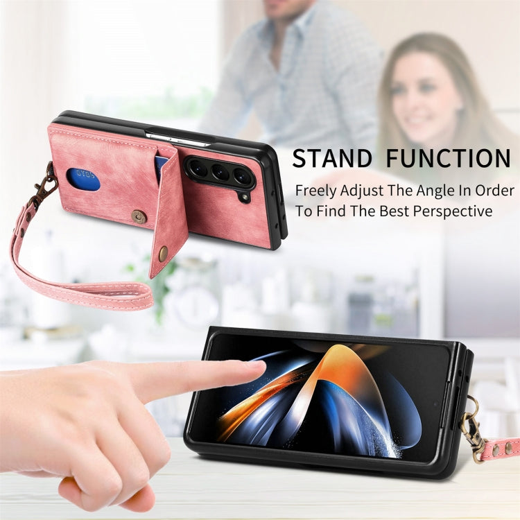 For Samsung Galaxy Z Fold5 5G Retro Card Wallet Fold Leather Phone Case with Strap