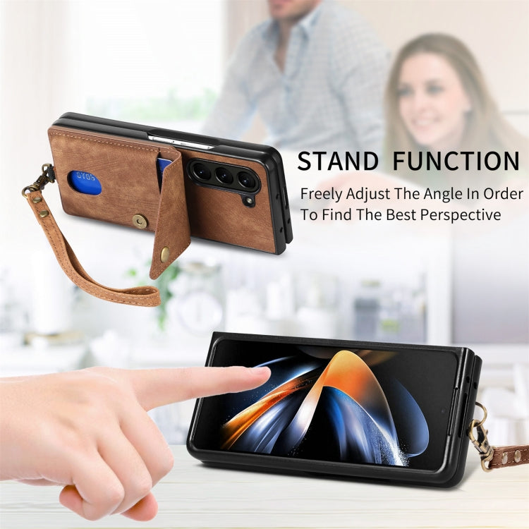 For Samsung Galaxy Z Fold5 5G Retro Card Wallet Fold Leather Phone Case with Strap