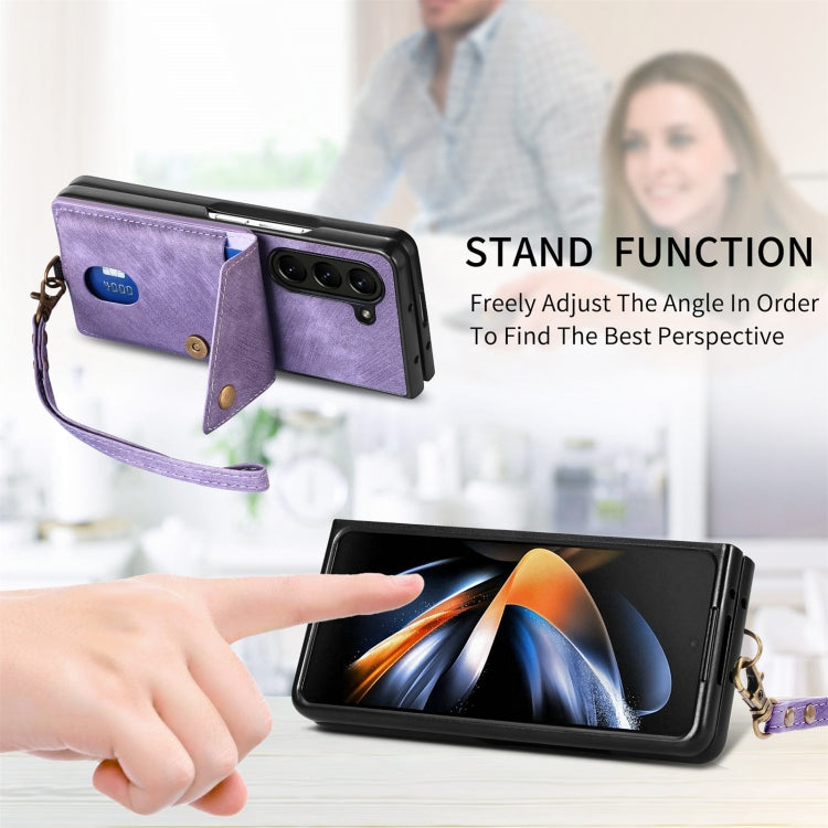 For Samsung Galaxy Z Fold5 5G Retro Card Wallet Fold Leather Phone Case with Strap