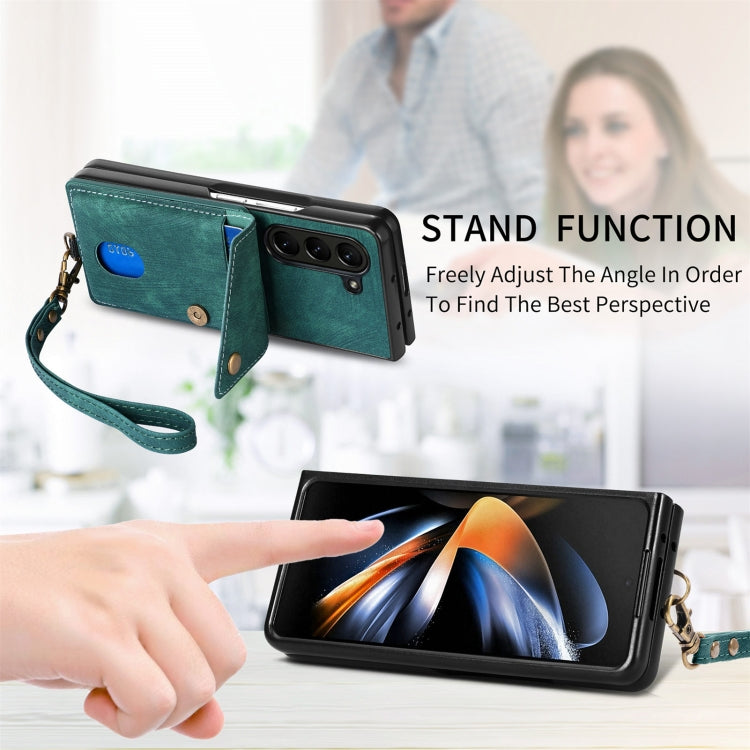 For Samsung Galaxy Z Fold6 5G Retro Card Wallet Fold Leather Phone Case with Strap