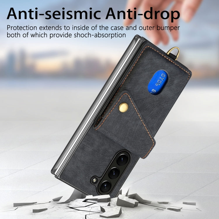 For Samsung Galaxy Z Fold6 5G Retro Card Wallet Fold Leather Phone Case with Strap