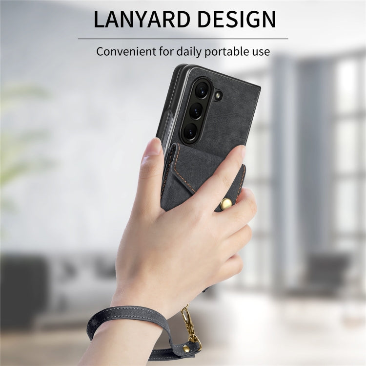 For Samsung Galaxy Z Fold6 5G Retro Card Wallet Fold Leather Phone Case with Strap