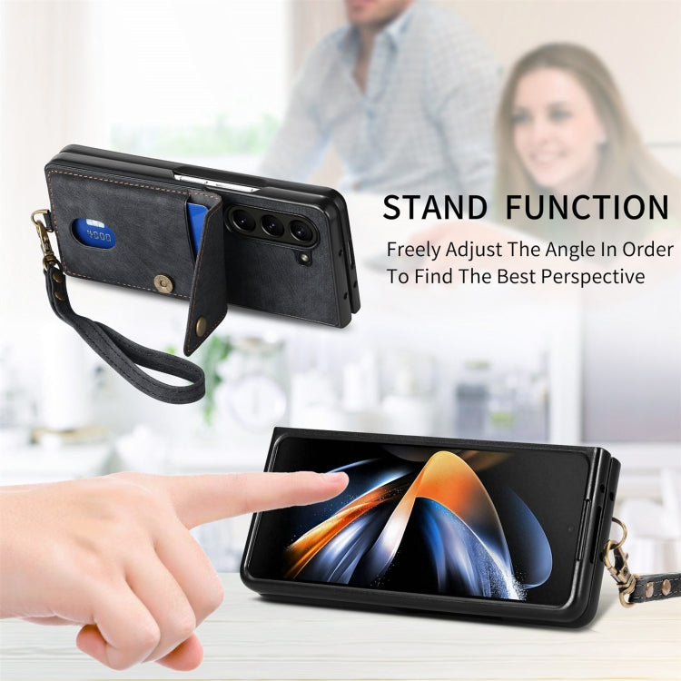 For Samsung Galaxy Z Fold6 5G Retro Card Wallet Fold Leather Phone Case with Strap