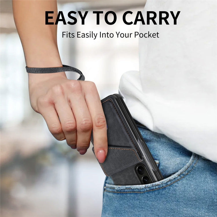 For Samsung Galaxy Z Fold6 5G Retro Card Wallet Fold Leather Phone Case with Strap