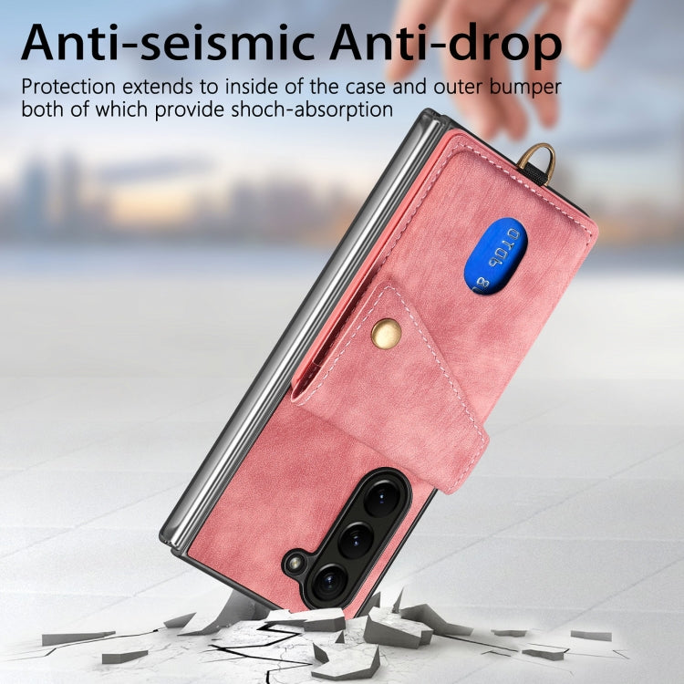 For Samsung Galaxy Z Fold6 5G Retro Card Wallet Fold Leather Phone Case with Strap