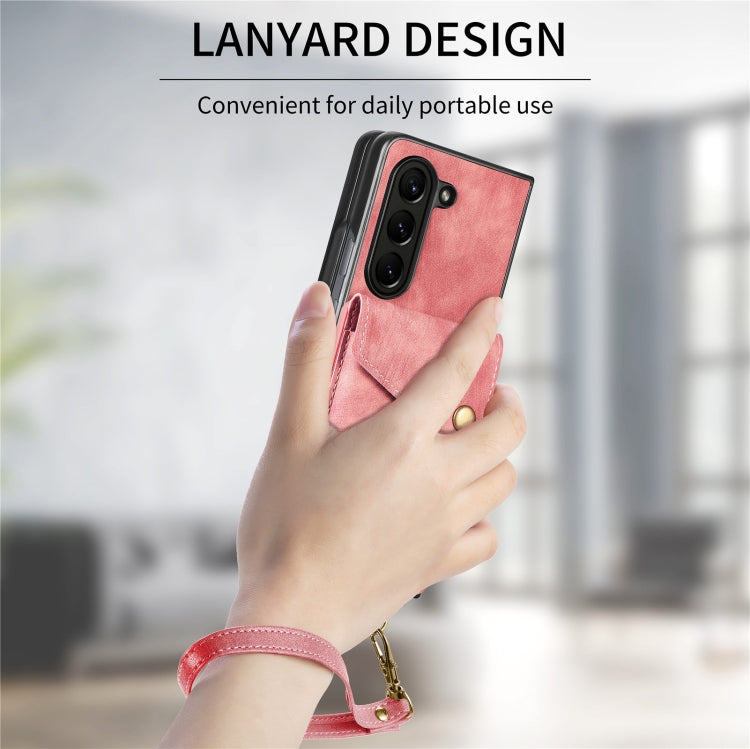 For Samsung Galaxy Z Fold6 5G Retro Card Wallet Fold Leather Phone Case with Strap