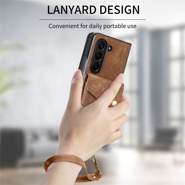 For Samsung Galaxy Z Fold6 5G Retro Card Wallet Fold Leather Phone Case with Strap