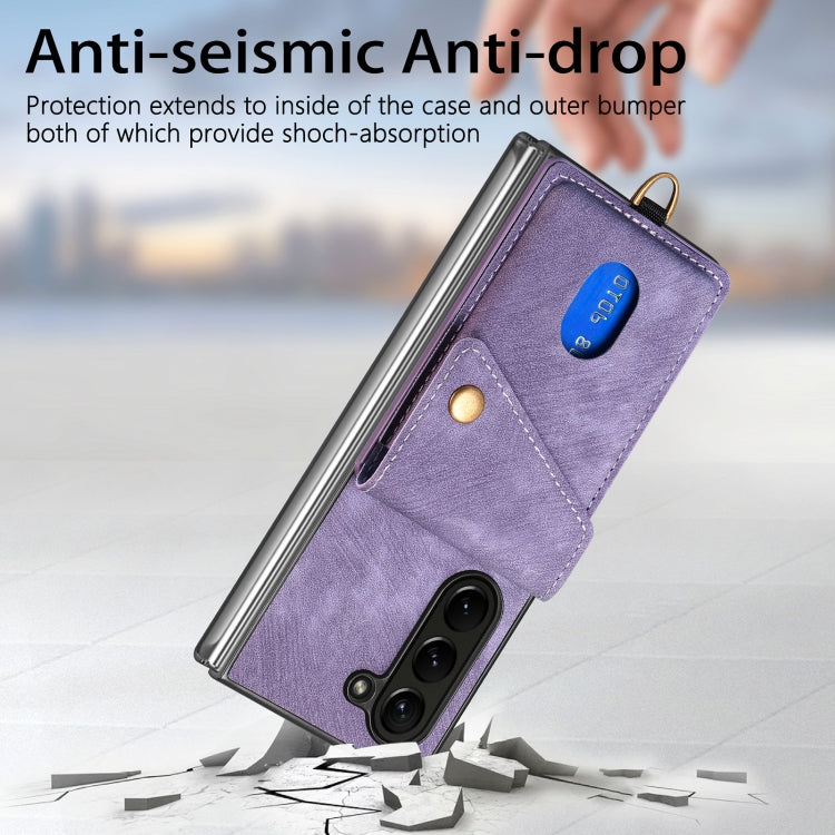 For Samsung Galaxy Z Fold6 5G Retro Card Wallet Fold Leather Phone Case with Strap
