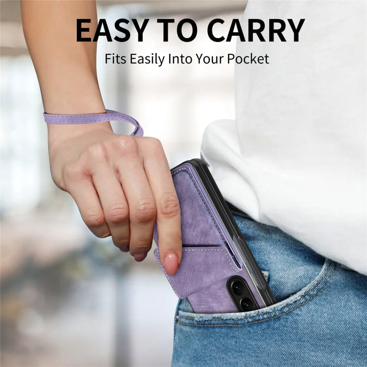 For Samsung Galaxy Z Fold6 5G Retro Card Wallet Fold Leather Phone Case with Strap