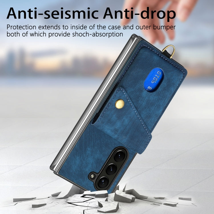 For Samsung Galaxy Z Fold6 5G Retro Card Wallet Fold Leather Phone Case with Strap