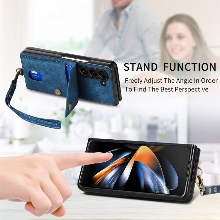 For Samsung Galaxy Z Fold6 5G Retro Card Wallet Fold Leather Phone Case with Strap