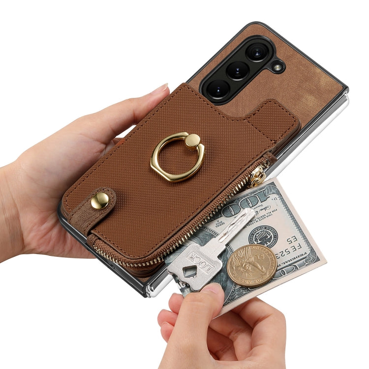 For  Samsung Galaxy Z Fold5 5G Retro Zipper Wallet Ring Leather Phone Case