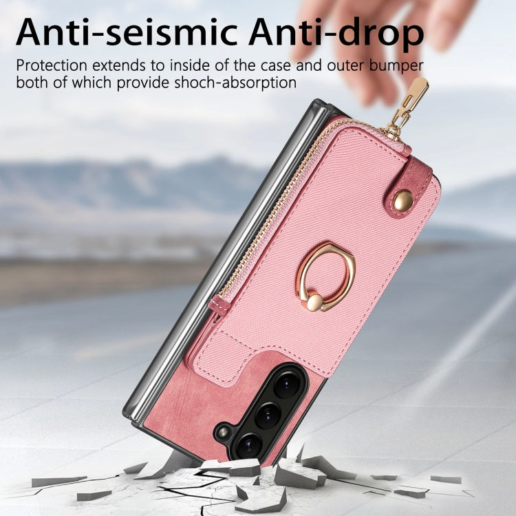 For  Samsung Galaxy Z Fold5 5G Retro Zipper Wallet Ring Leather Phone Case