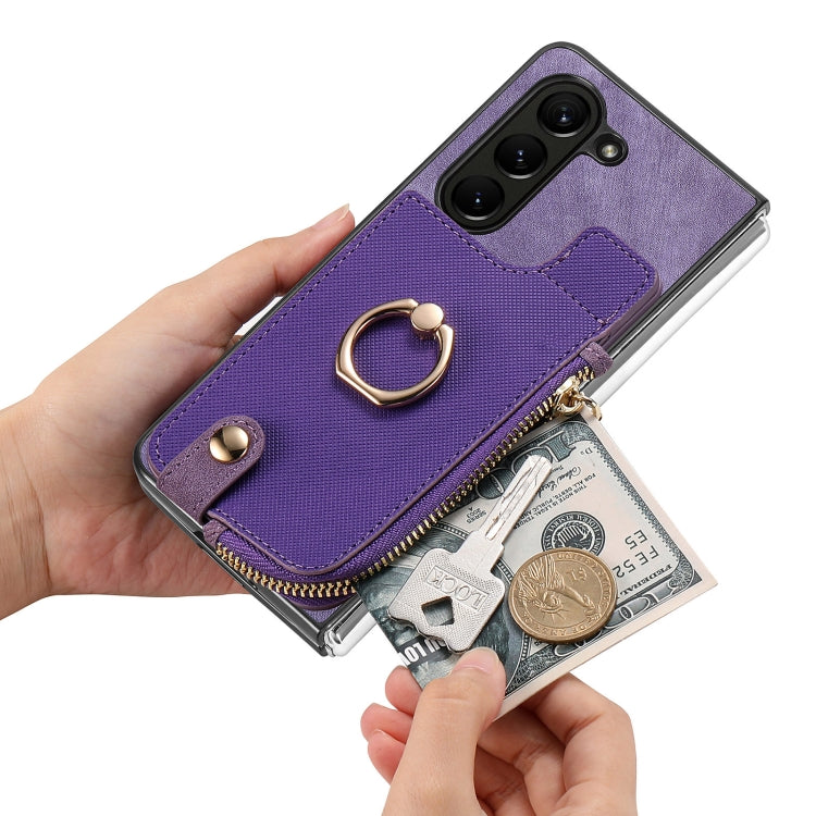 For  Samsung Galaxy Z Fold5 5G Retro Zipper Wallet Ring Leather Phone Case