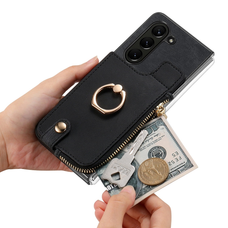 For  Samsung Galaxy Z Fold5 5G Retro Zipper Wallet Ring Leather Phone Case