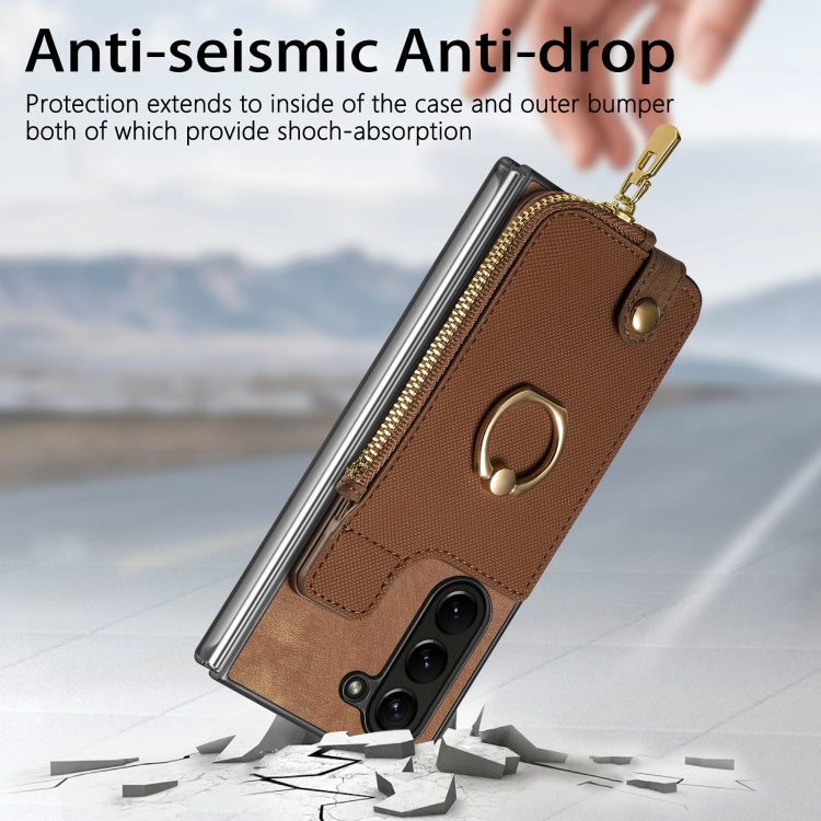 For Samsung Galaxy Z Fold6 5G Retro Zipper Wallet Ring Leather Phone Case