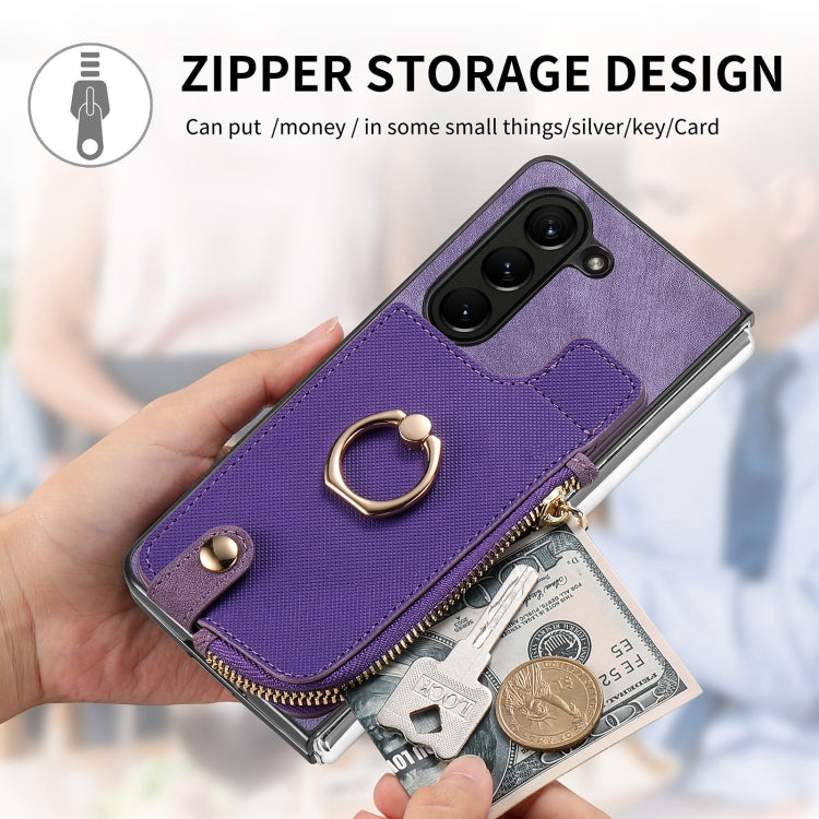 For Samsung Galaxy Z Fold6 5G Retro Zipper Wallet Ring Leather Phone Case