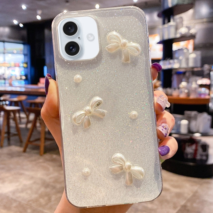 For iPhone 16 Pearl Bow Glitter Epoxy TPU Phone Case