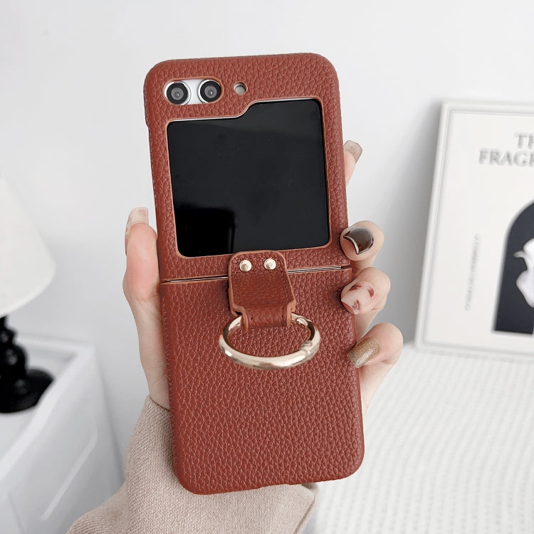 For Samsung Galaxy Z Flip5 5G Litchi Leather Ring Shockproof Phone Case