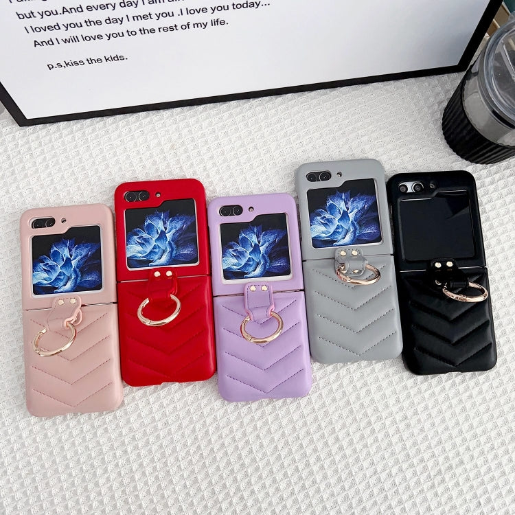 For Samsung Galaxy Z Flip5 5G V-shaped Pattern Leather Ring Holder Shockproof Phone Case