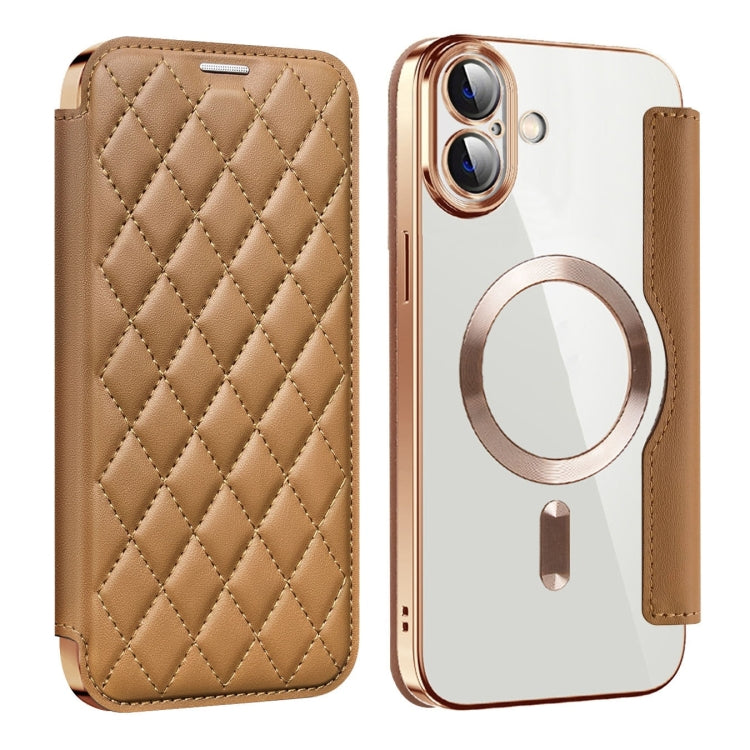 For iPhone 16 Shield Magsafe RFID Anti-theft Rhombus Leather Phone Case
