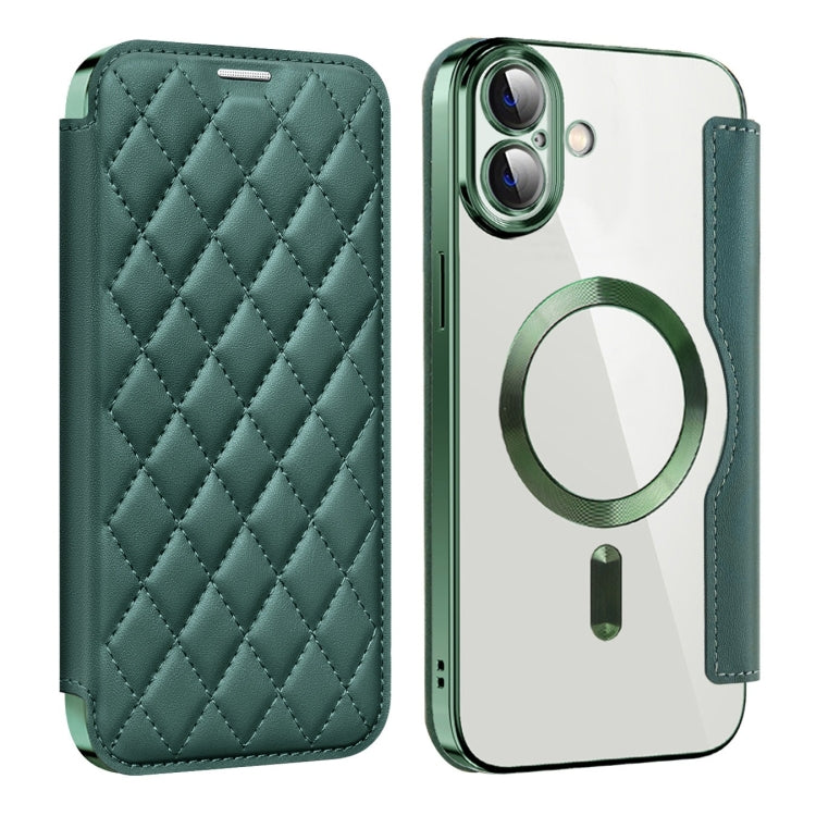 For iPhone 16 Plus Shield Magsafe RFID Anti-theft Rhombus Leather Phone Case
