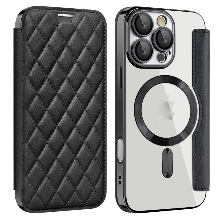 For iPhone 16 Pro Max Shield Magsafe RFID Anti-theft Rhombus Leather Phone Case