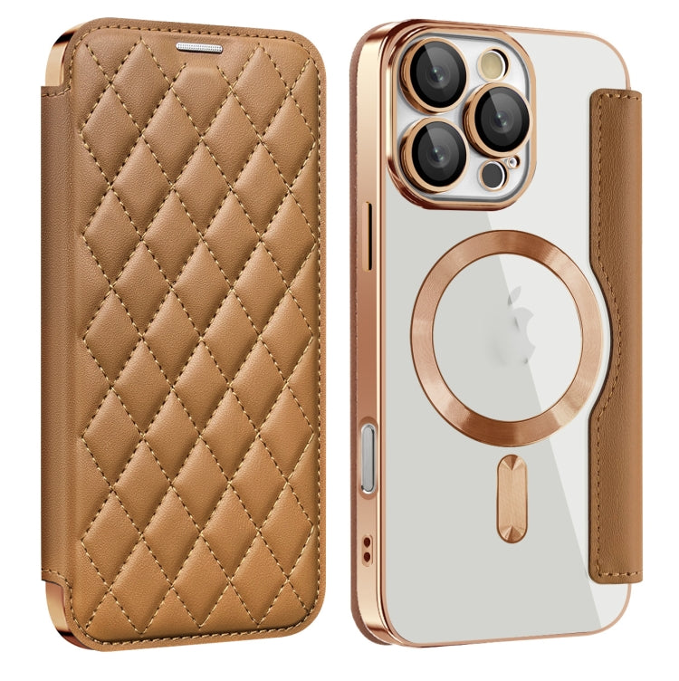 For iPhone 16 Pro Max Shield Magsafe RFID Anti-theft Rhombus Leather Phone Case