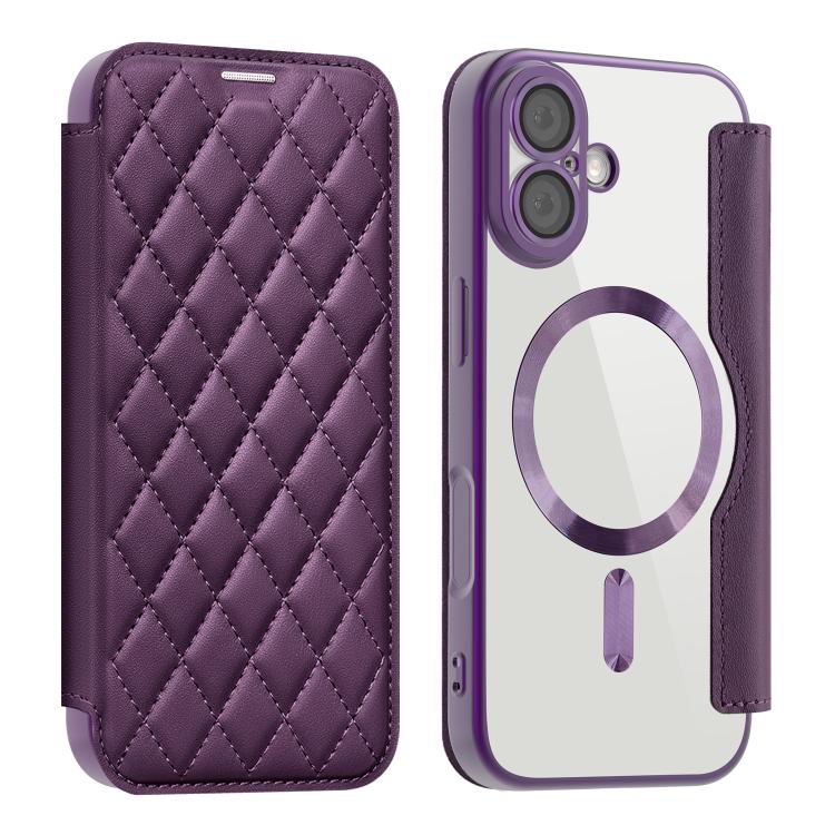 For iPhone 17 Shield Magsafe RFID Anti-theft Rhombus Leather Phone Case