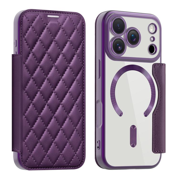 For iPhone 17 Pro Shield Magsafe RFID Anti-theft Rhombus Leather Phone Case