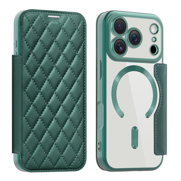 For iPhone 17 Pro Shield Magsafe RFID Anti-theft Rhombus Leather Phone Case
