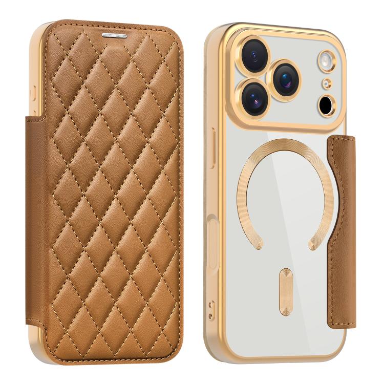 For iPhone 17 Pro Shield Magsafe RFID Anti-theft Rhombus Leather Phone Case