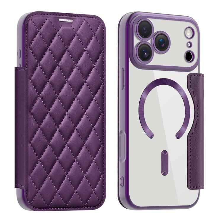For iPhone 17 Pro Max Shield Magsafe RFID Anti-theft Rhombus Leather Phone Case