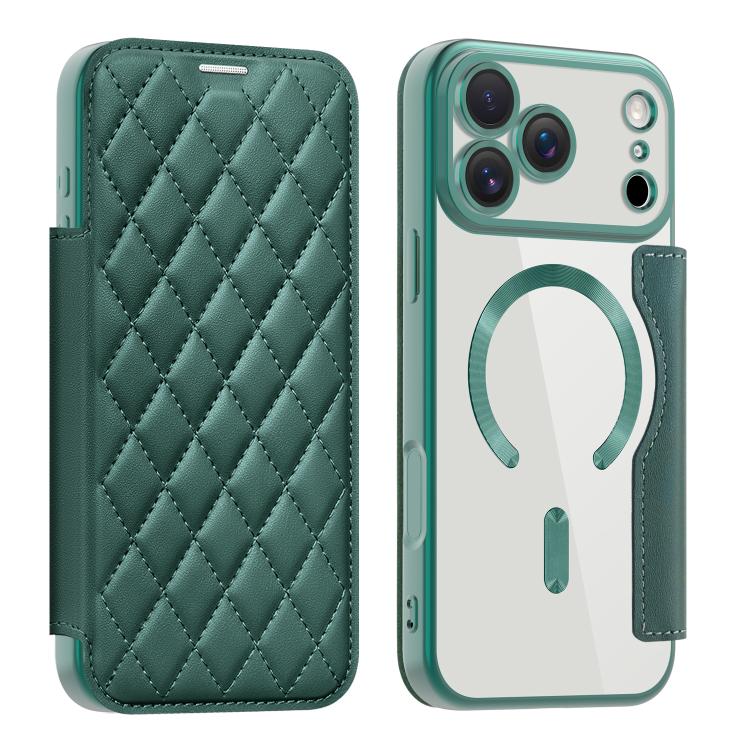 For iPhone 17 Pro Max Shield Magsafe RFID Anti-theft Rhombus Leather Phone Case